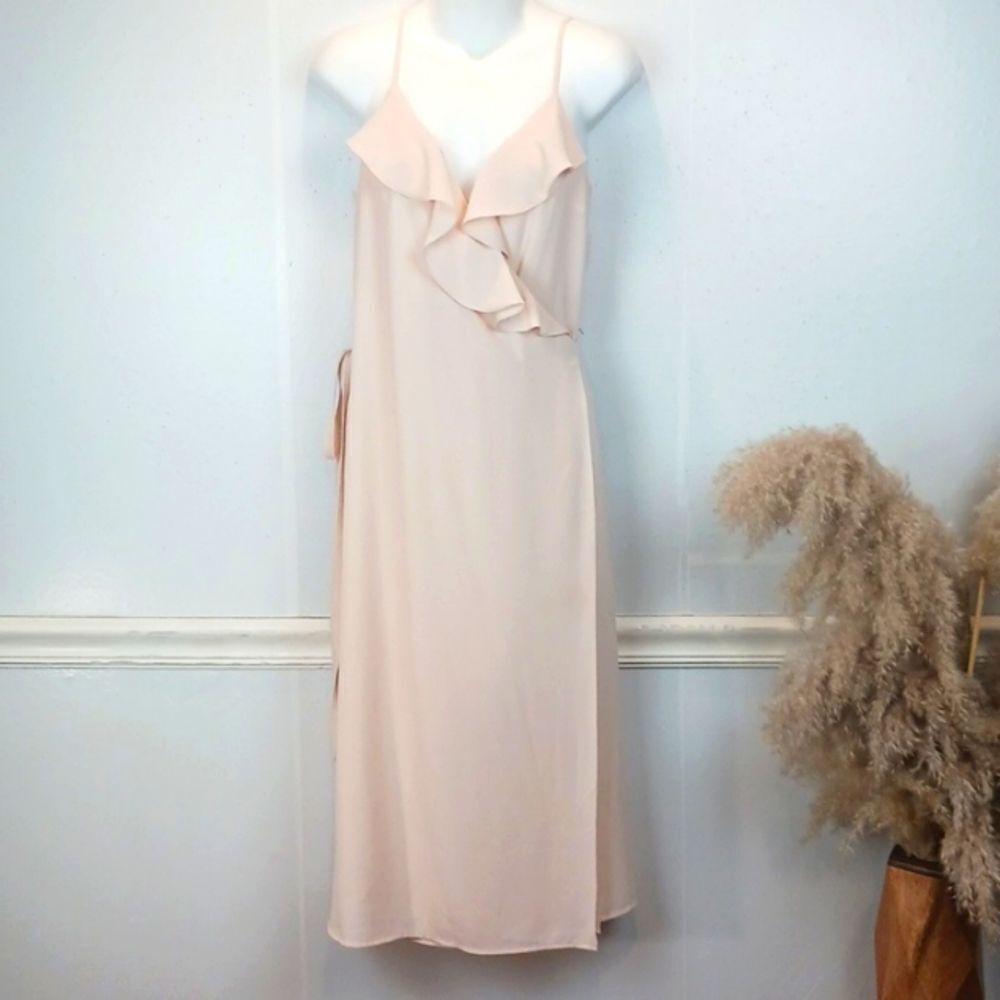1. State blush pink ruffle V neck strappy true wrap midi dress sz 10 Balletcore